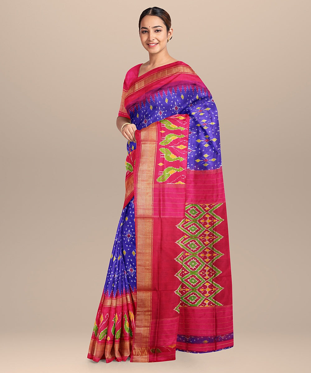 Navy blue pink handwoven pochampally ikat silk saree