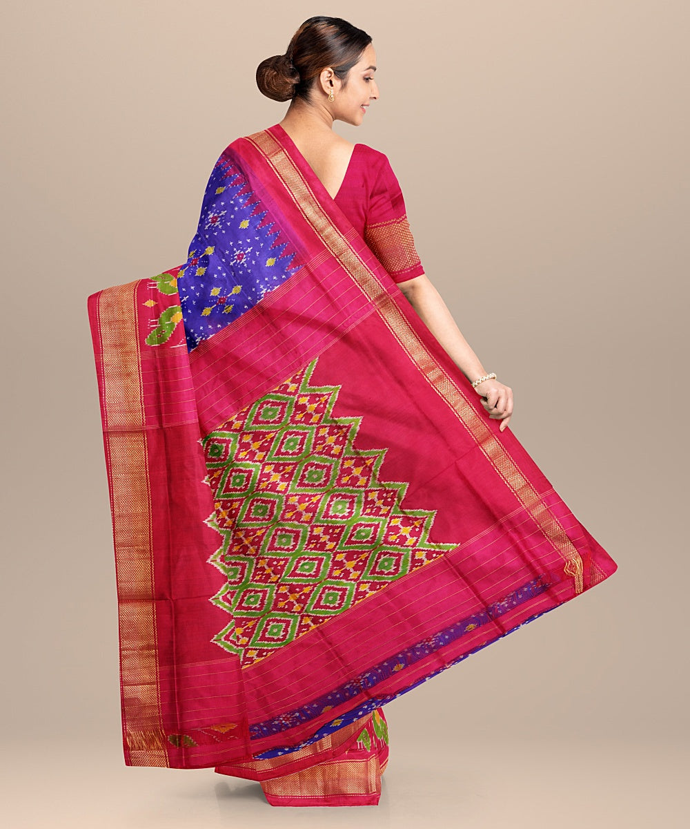 Navy blue pink handwoven pochampally ikat silk saree