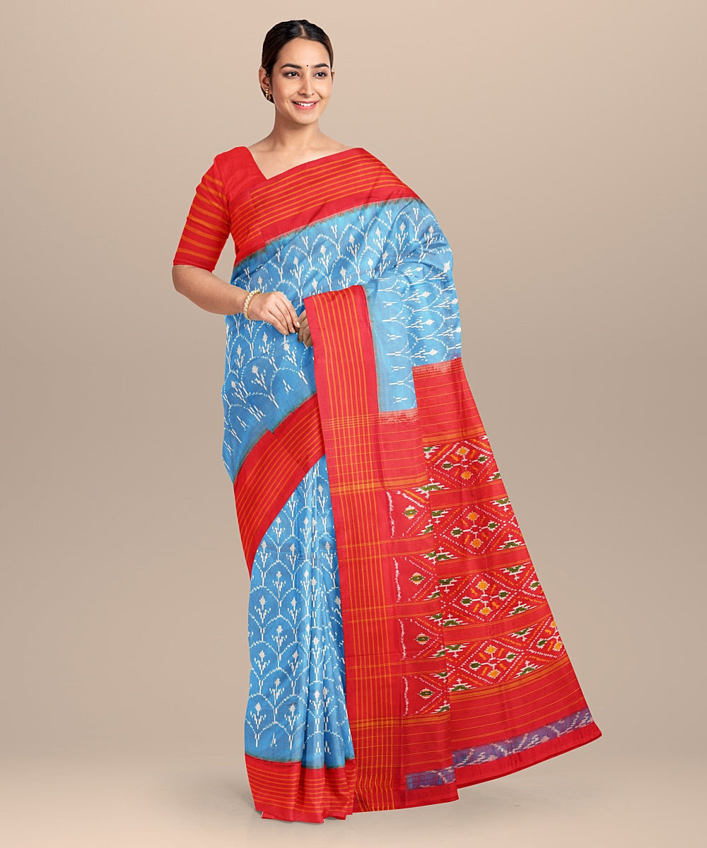 Sky blue red handwoven pochampally ikat silk saree