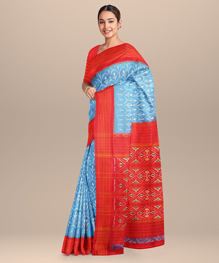 Sky blue red handwoven pochampally ikat silk saree