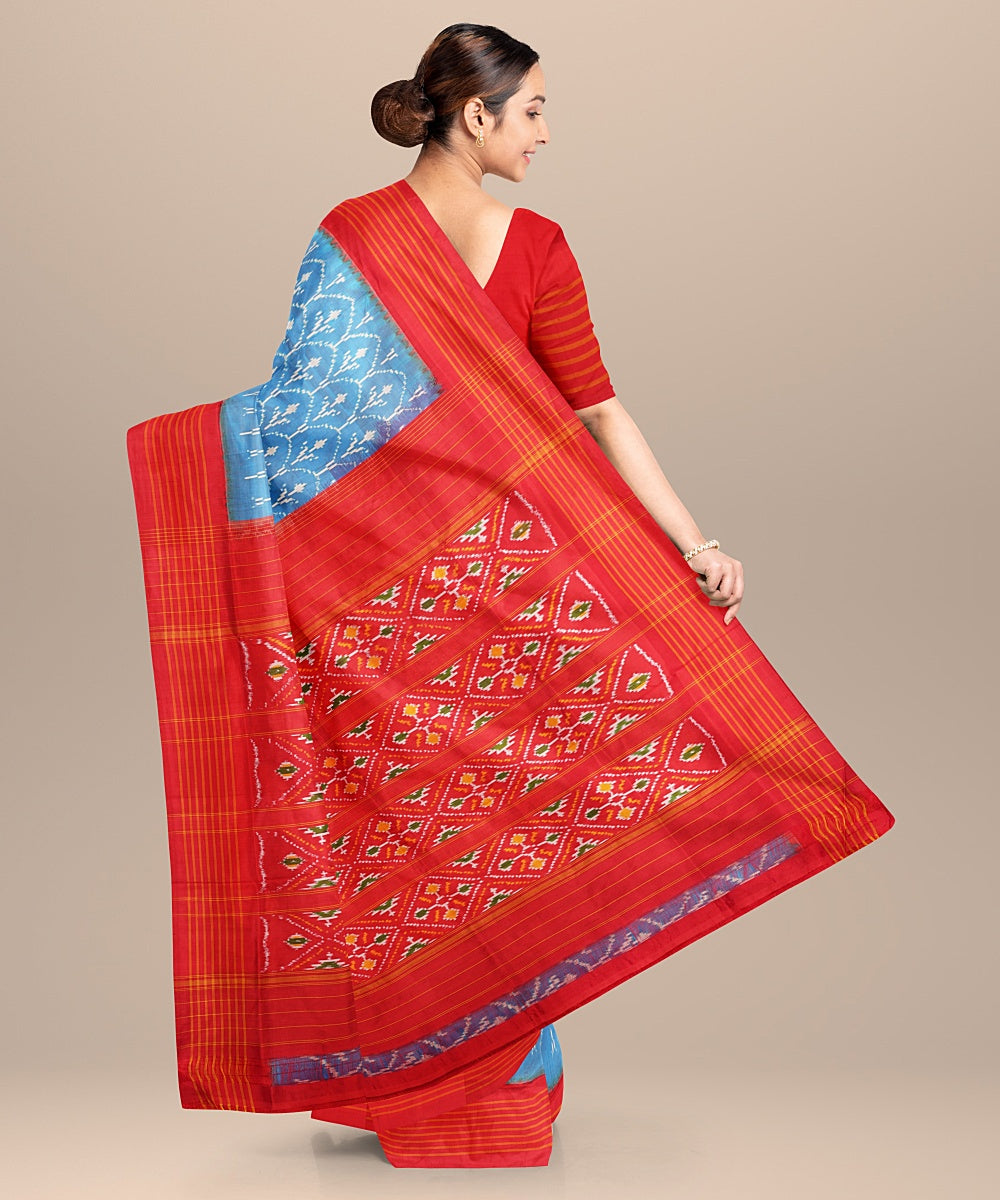 Sky blue red handwoven pochampally ikat silk saree