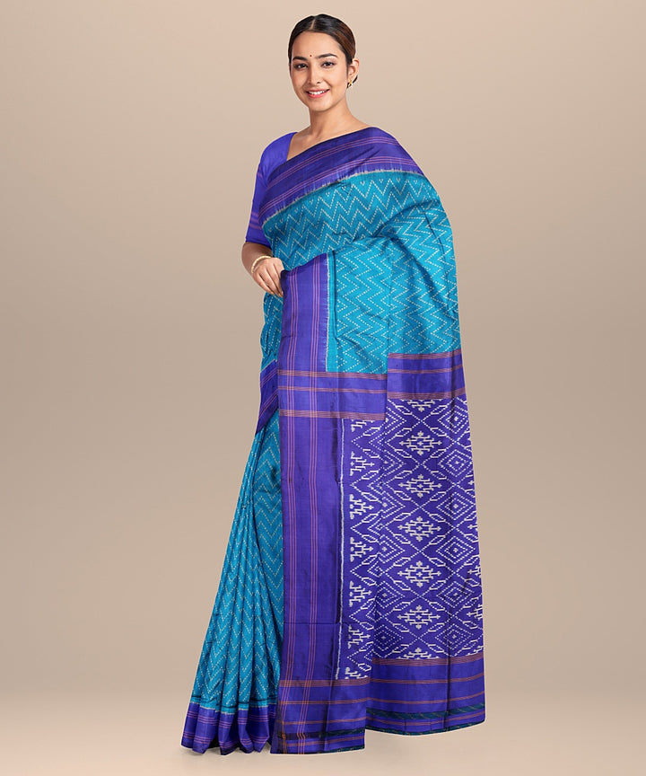 Light green blue handwoven pochampally ikat silk saree