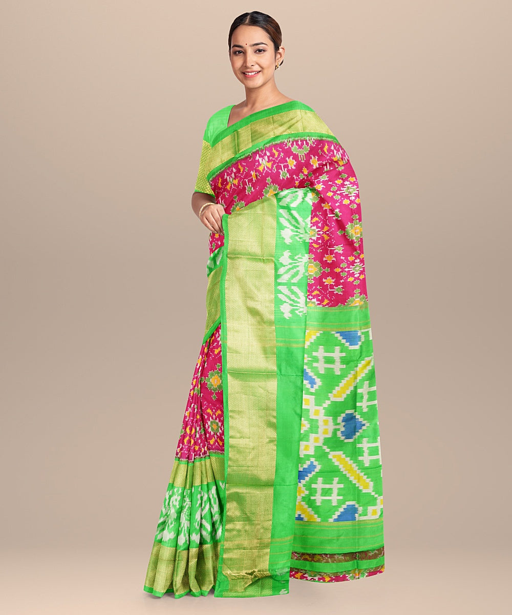 Brown green handwoven pochampally ikat silk saree