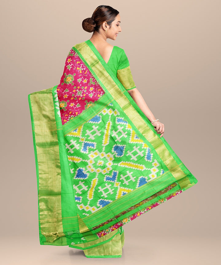 Brown green handwoven pochampally ikat silk saree