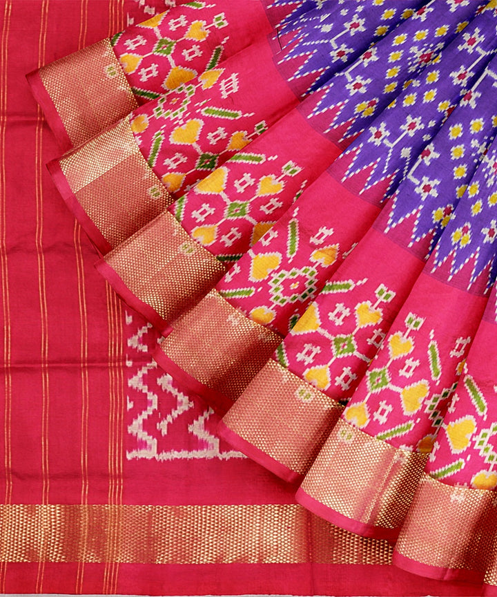 Deep blue pink handwoven pochampally ikat silk saree