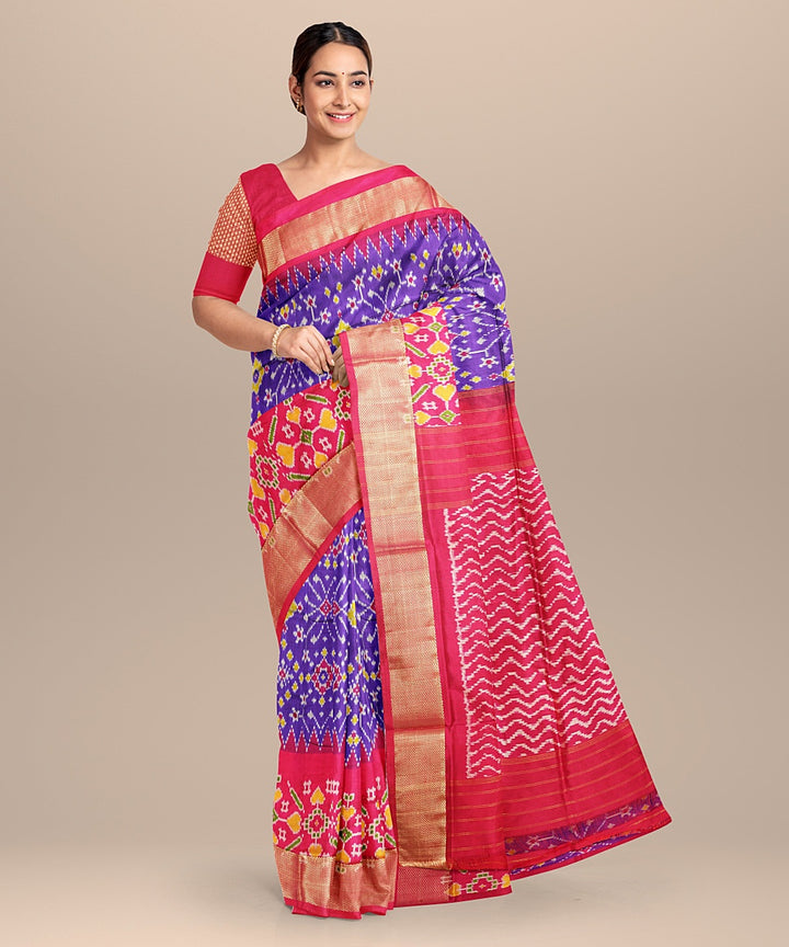 Deep blue pink handwoven pochampally ikat silk saree