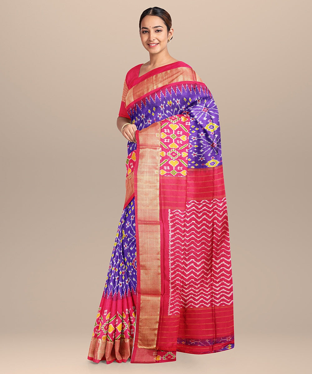 Deep blue pink handwoven pochampally ikat silk saree