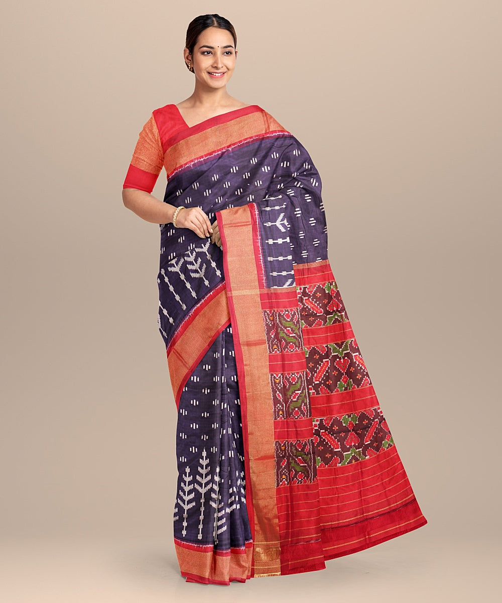 Black red handloom pochampally ikat silk saree