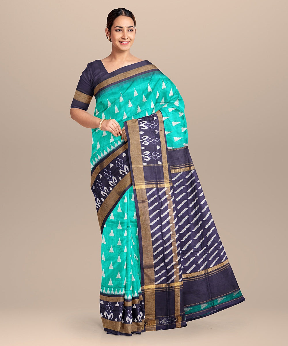 Sea green blue handwoven pochampally ikat silk saree