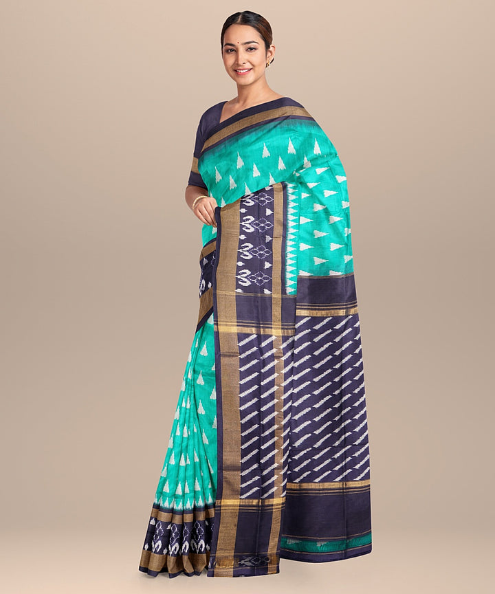 Sea green blue handwoven pochampally ikat silk saree