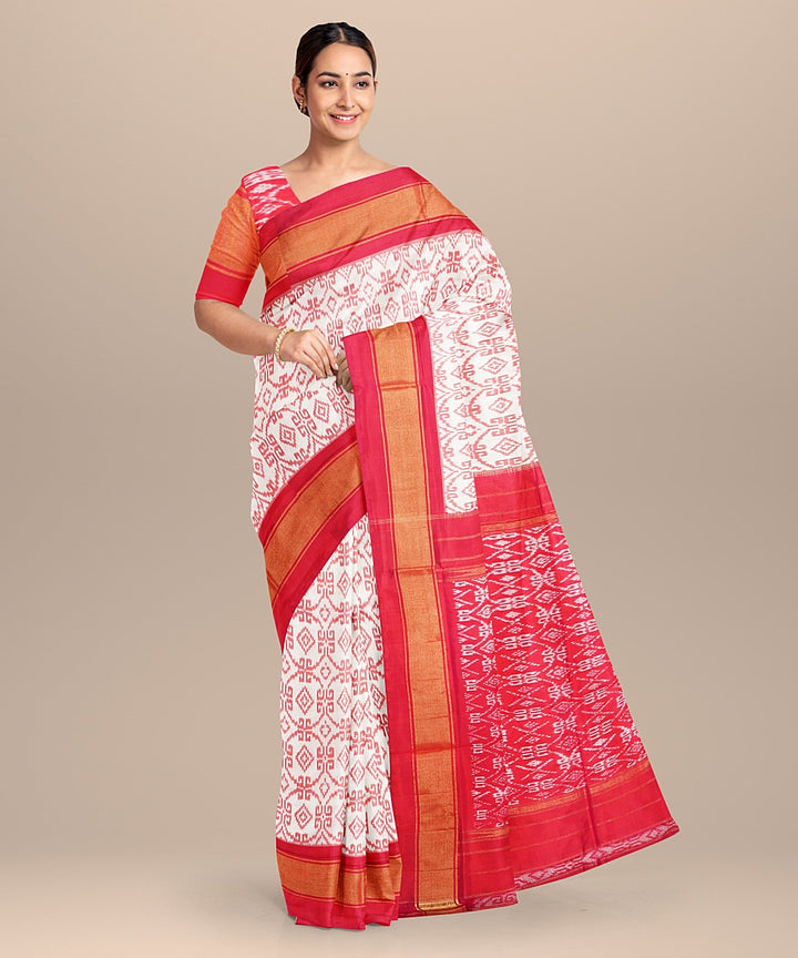 Offwhite red handwoven pochampally ikat silk saree