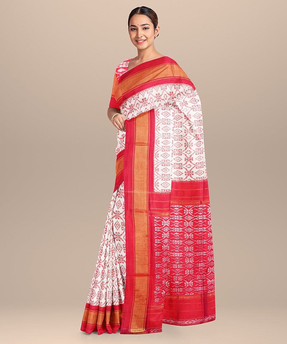 Offwhite red handwoven pochampally ikat silk saree