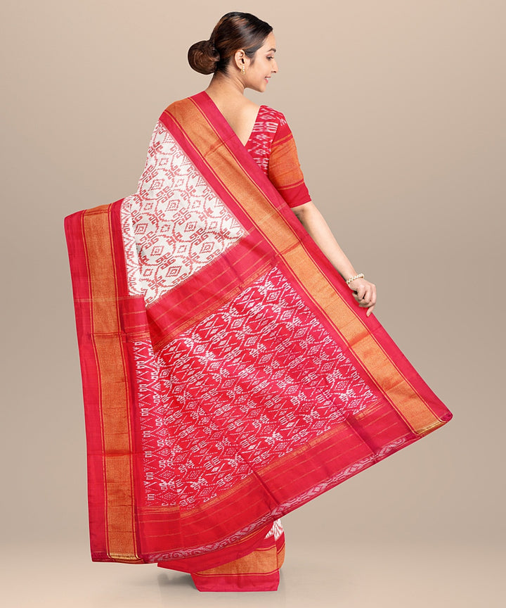 Offwhite red handwoven pochampally ikat silk saree