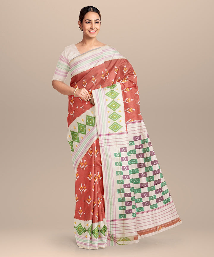 Brown white handwoven pochampally ikat silk saree