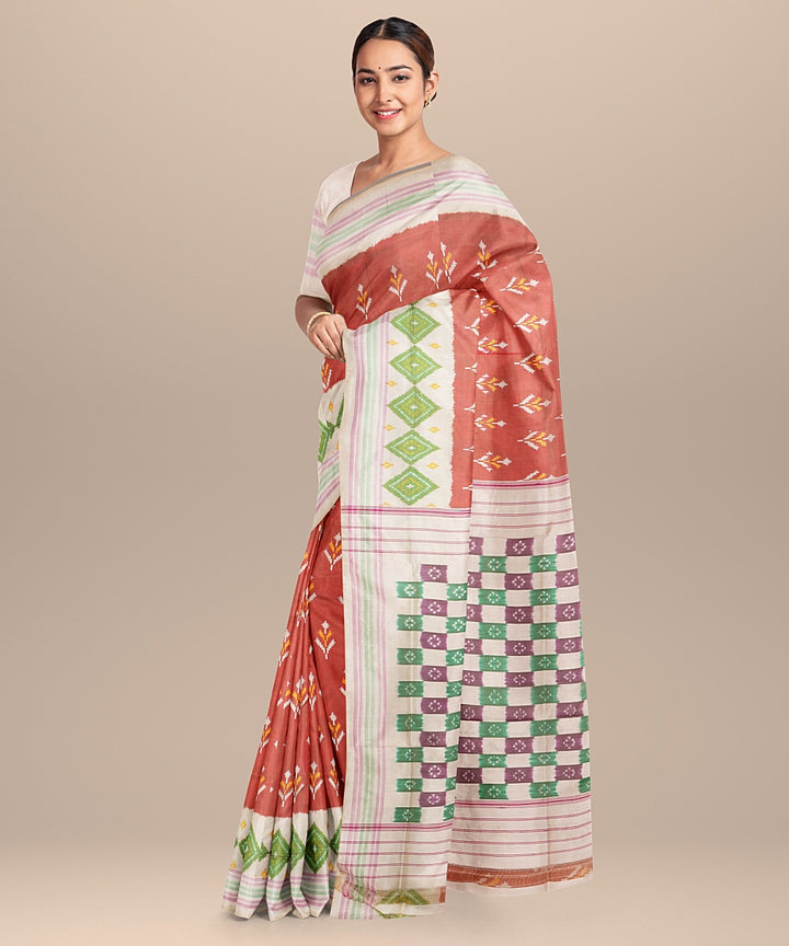 Brown white handwoven pochampally ikat silk saree