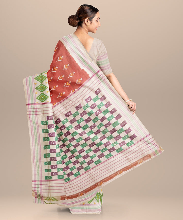 Brown white handwoven pochampally ikat silk saree