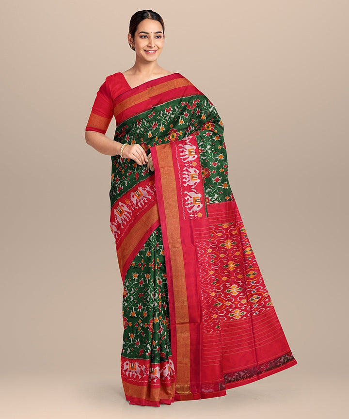 Green red silk handwoven pochampally ikat saree