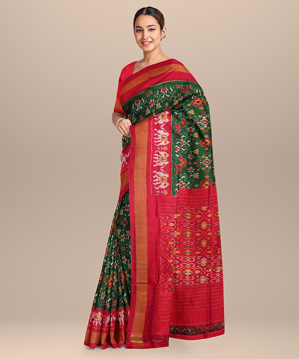 Green red silk handwoven pochampally ikat saree