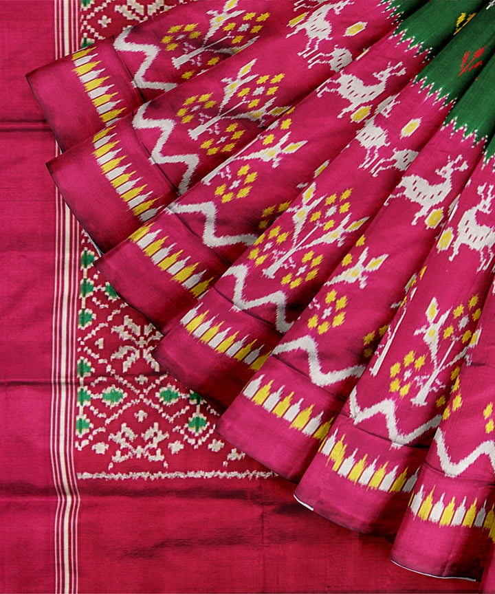 Dark green pink silk handwoven pochampally ikat saree