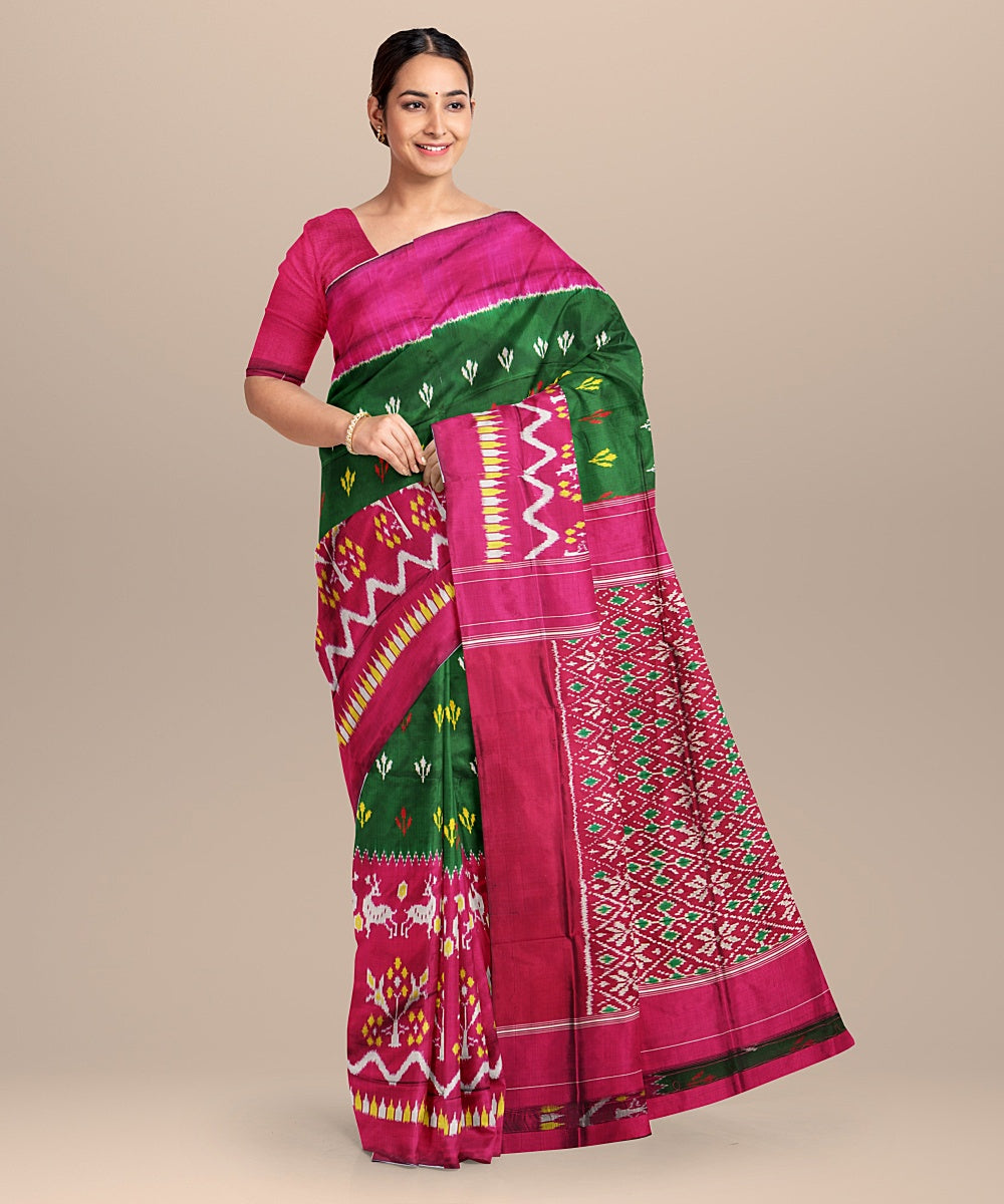 Dark green pink silk handwoven pochampally ikat saree