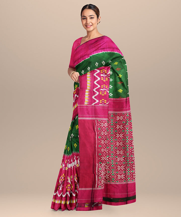 Dark green pink silk handwoven pochampally ikat saree