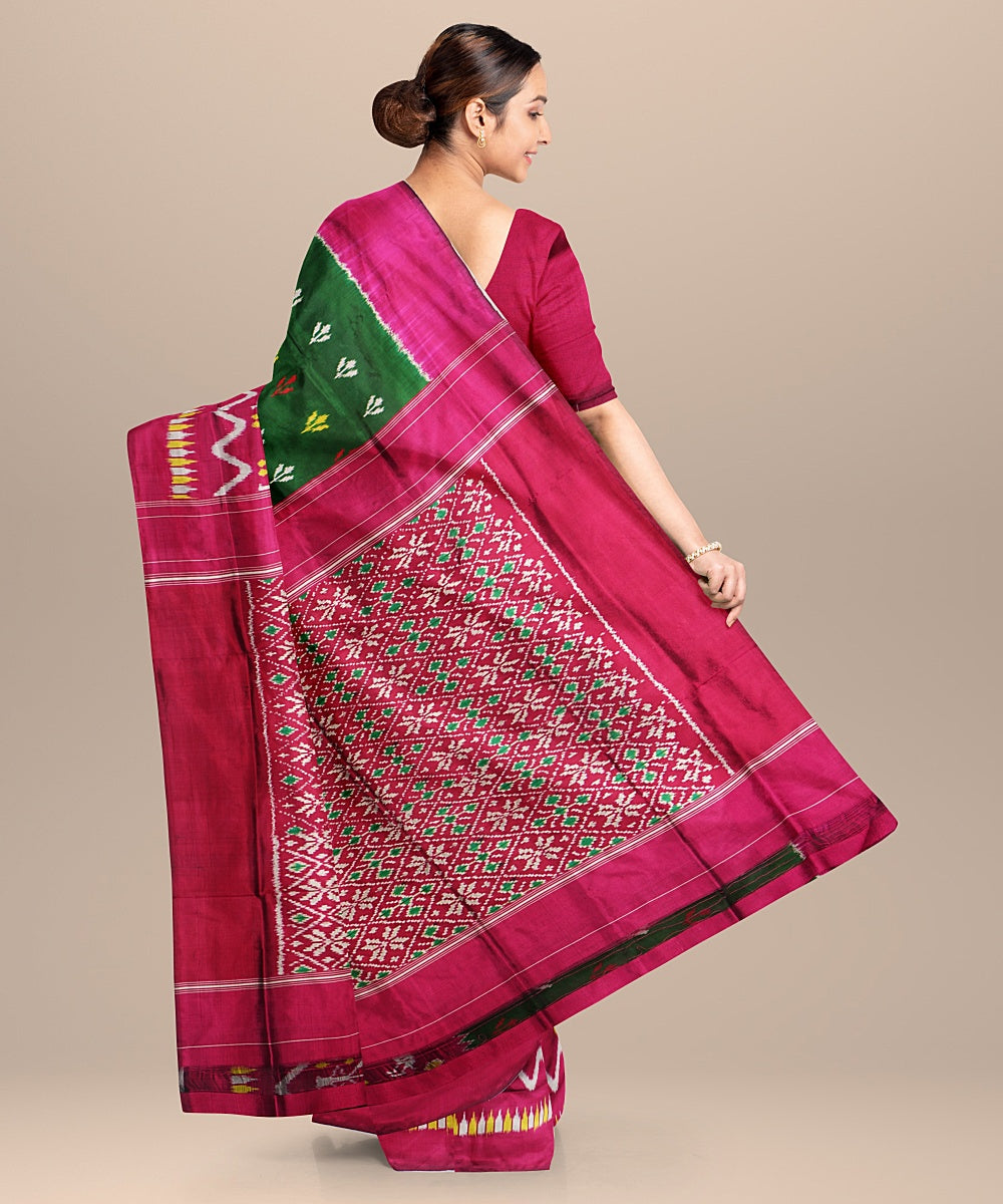 Dark green pink silk handwoven pochampally ikat saree