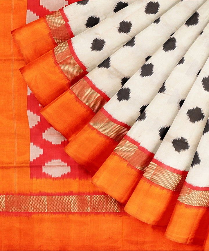 Offwhite orange handwoven pochampally ikat silk saree