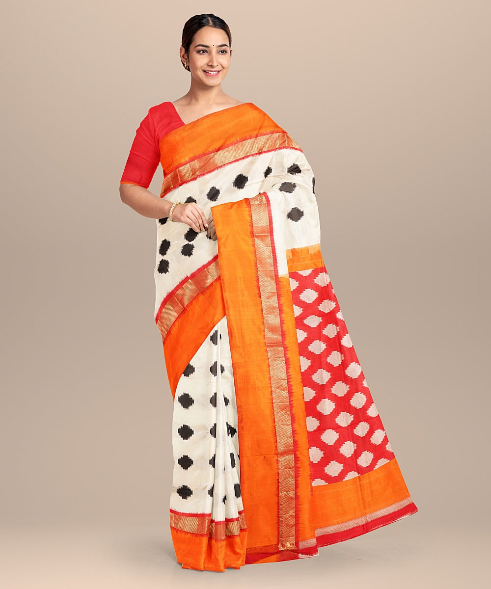 Offwhite orange handwoven pochampally ikat silk saree