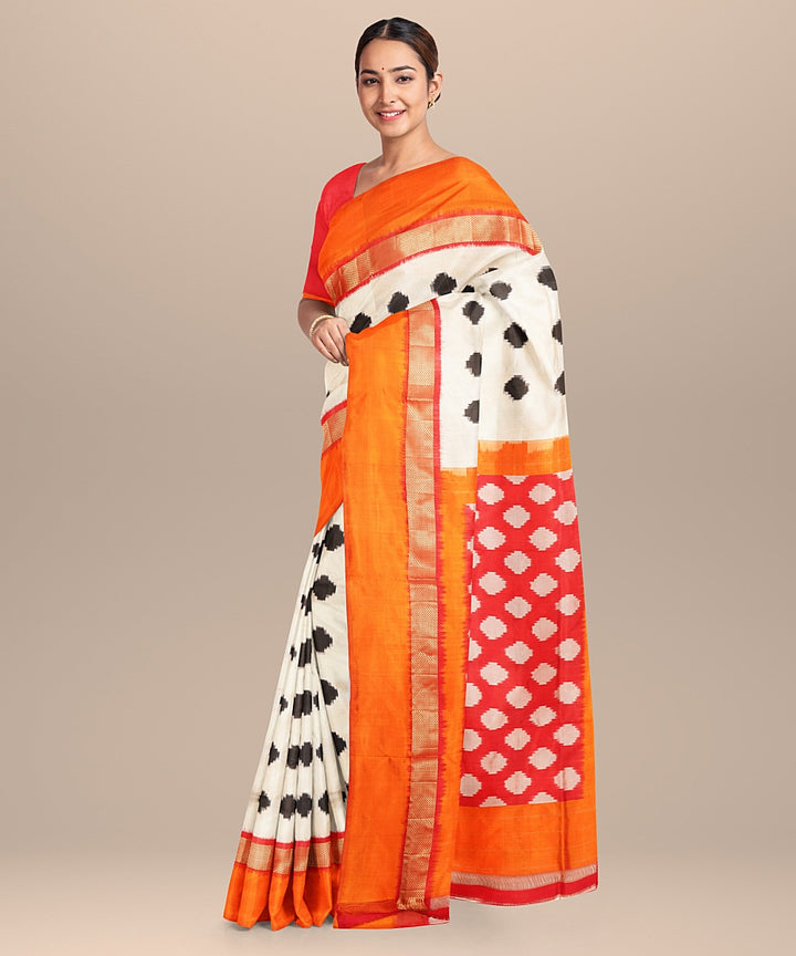 Offwhite orange handwoven pochampally ikat silk saree