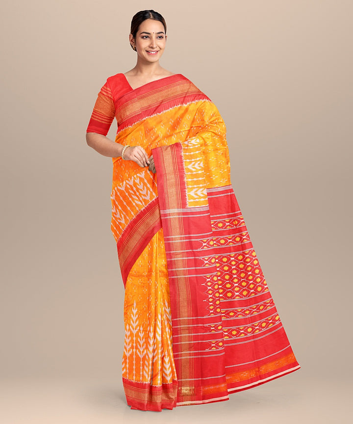 Yellow red handwoven pochampally ikat silk saree