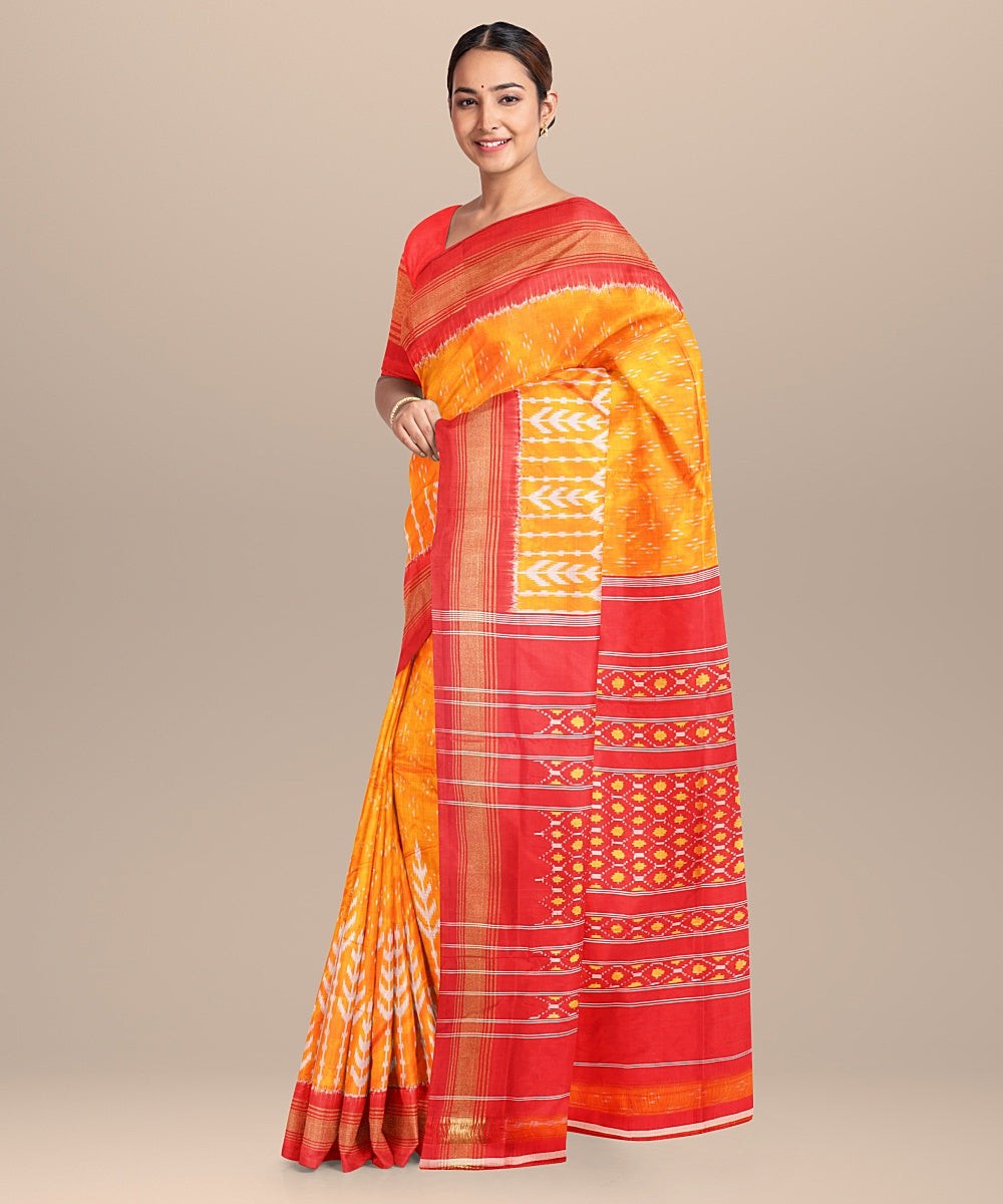 Yellow red handwoven pochampally ikat silk saree