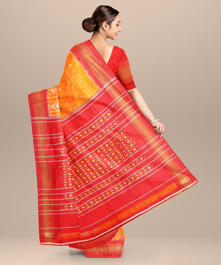 Yellow red handwoven pochampally ikat silk saree