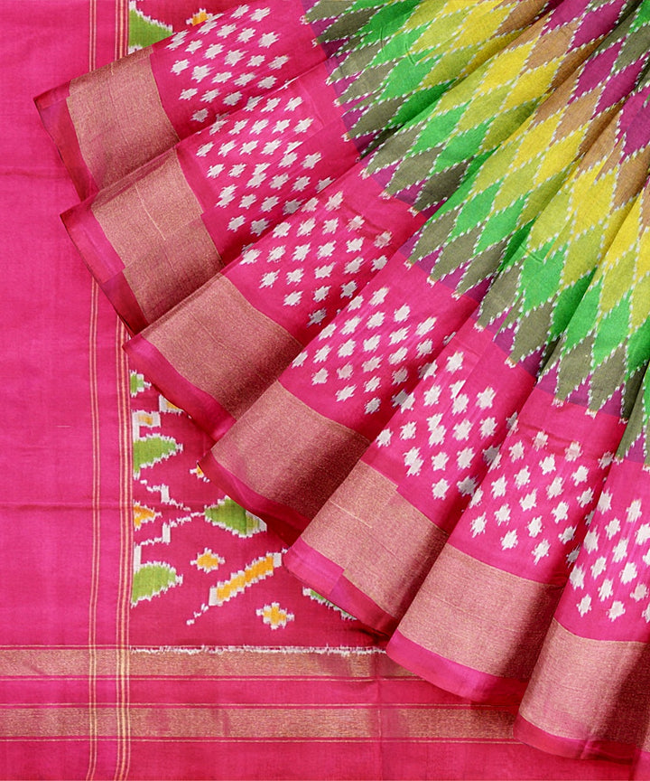 Multicolor pink handwoven pochampally ikat silk saree