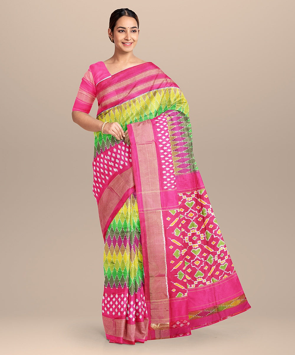 Multicolor pink handwoven pochampally ikat silk saree