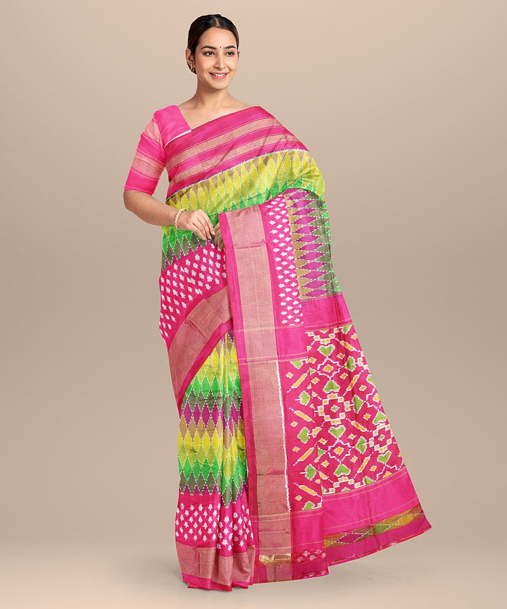 Multicolor pink handwoven pochampally ikat silk saree