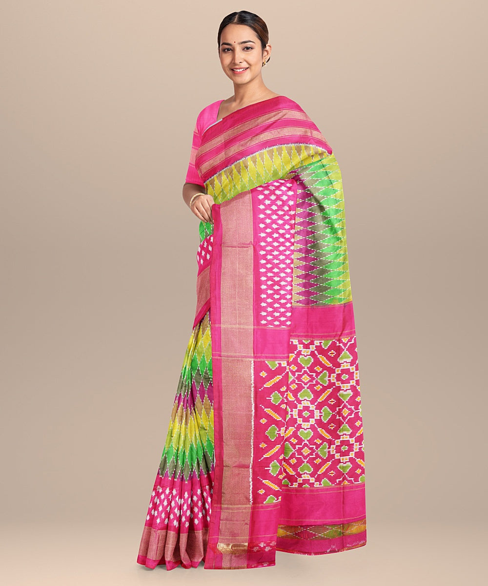 Multicolor pink handwoven pochampally ikat silk saree