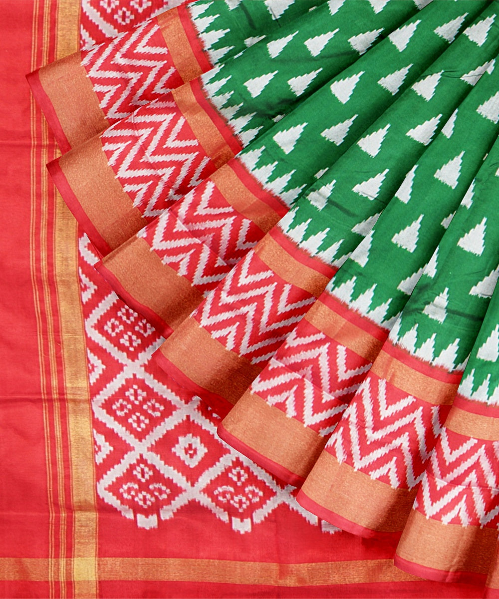 Ikkat Silk Pochampally Sarees With Cost Green Red Handwoven Silk