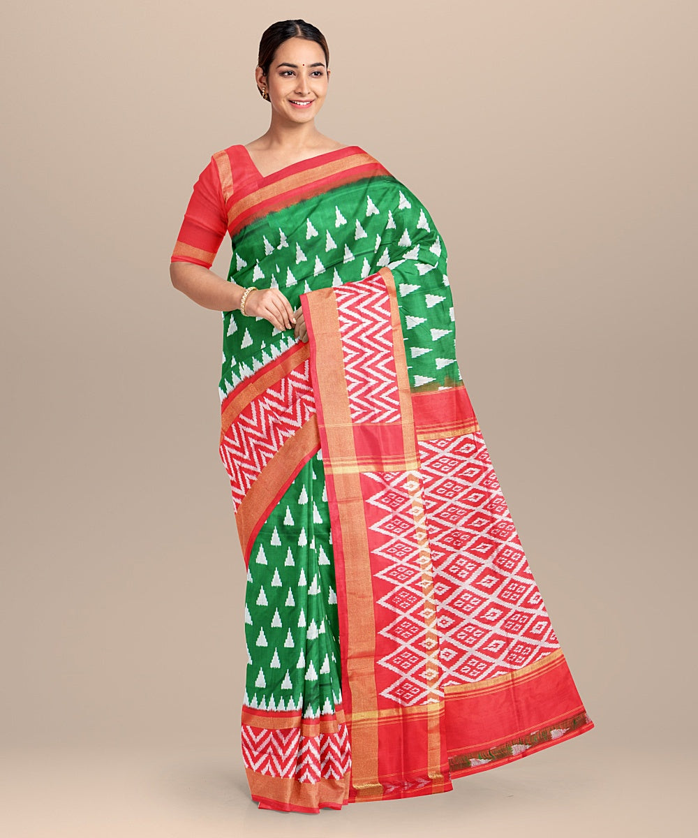 Green red handwoven silk pochampally ikat saree