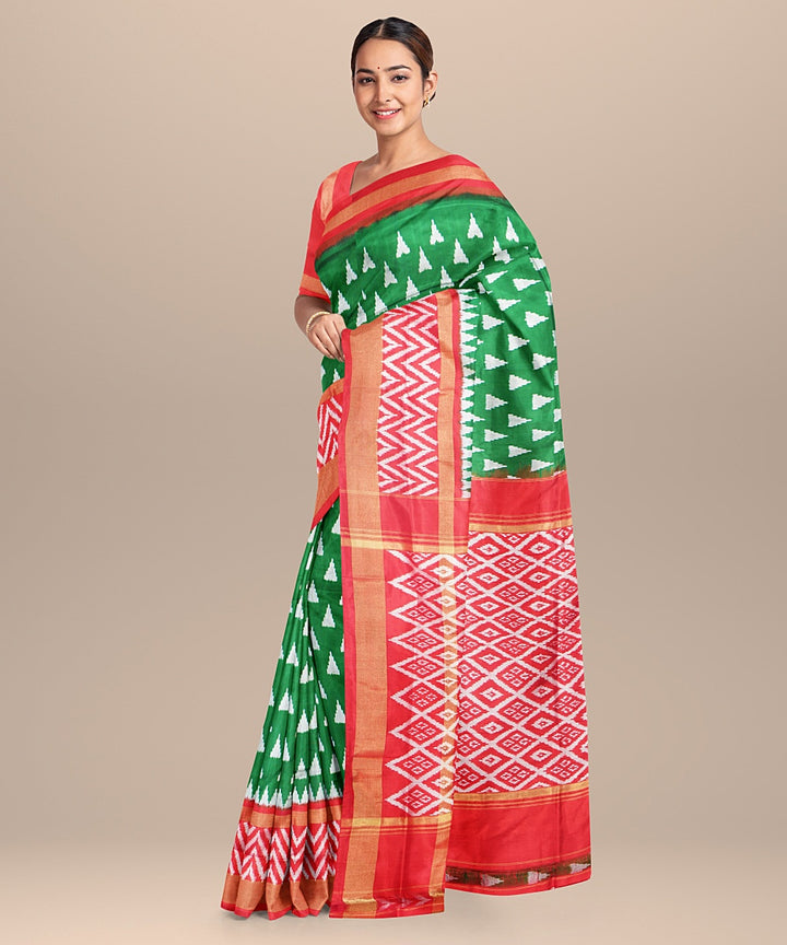 Green red handwoven silk pochampally ikat saree