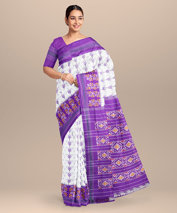 Offwhite purple handwoven pochampally ikat silk saree