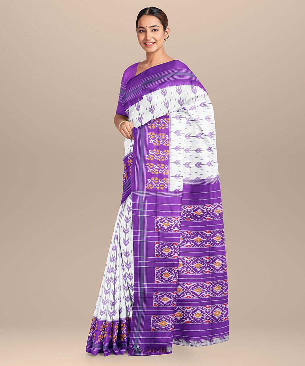 Offwhite purple handwoven pochampally ikat silk saree