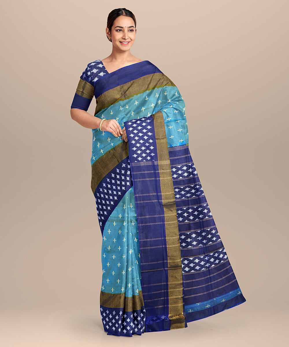 Sea green blue handwoven silk pochampally ikat saree