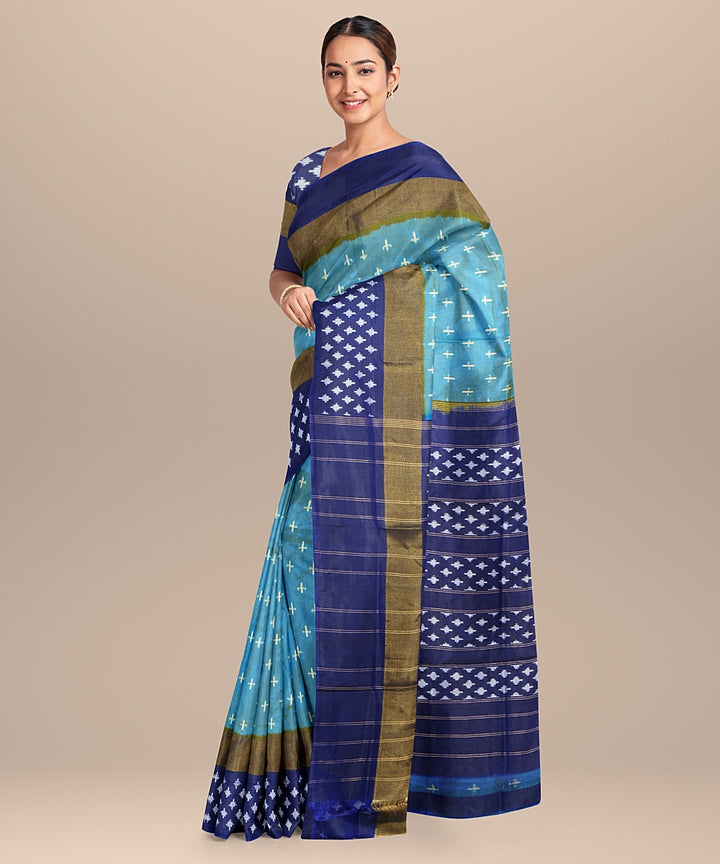 Sea green blue handwoven silk pochampally ikat saree