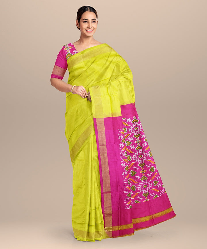 Yellow pink handloom pochampally ikat silk saree