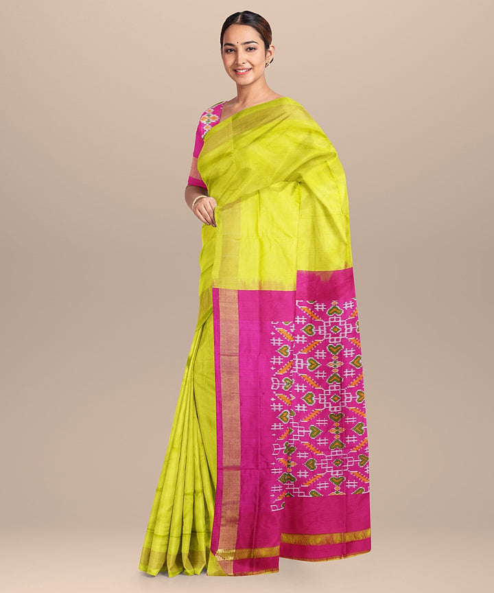 Yellow pink handloom pochampally ikat silk saree