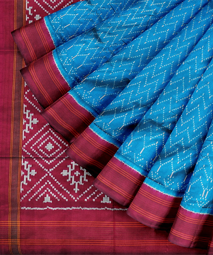 Blue red handloom pochampally ikat silk saree