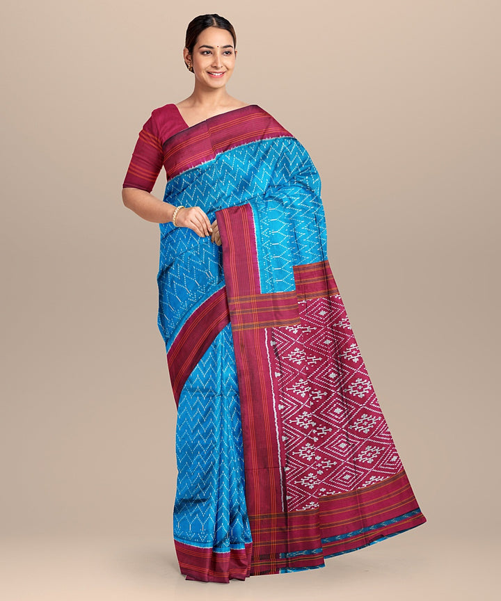 Blue red handloom pochampally ikat silk saree