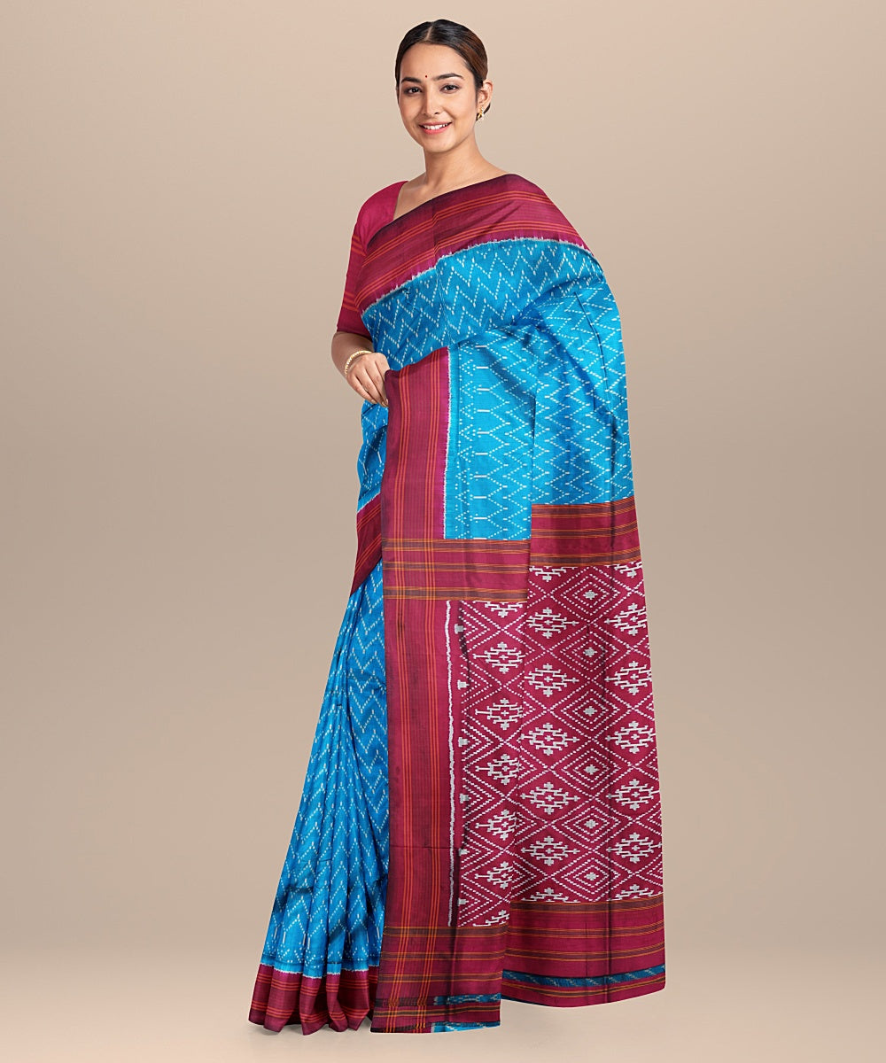 Blue red handloom pochampally ikat silk saree