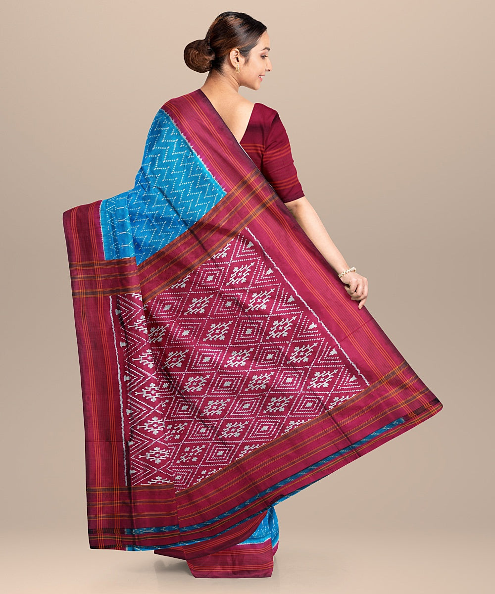 Blue red handloom pochampally ikat silk saree