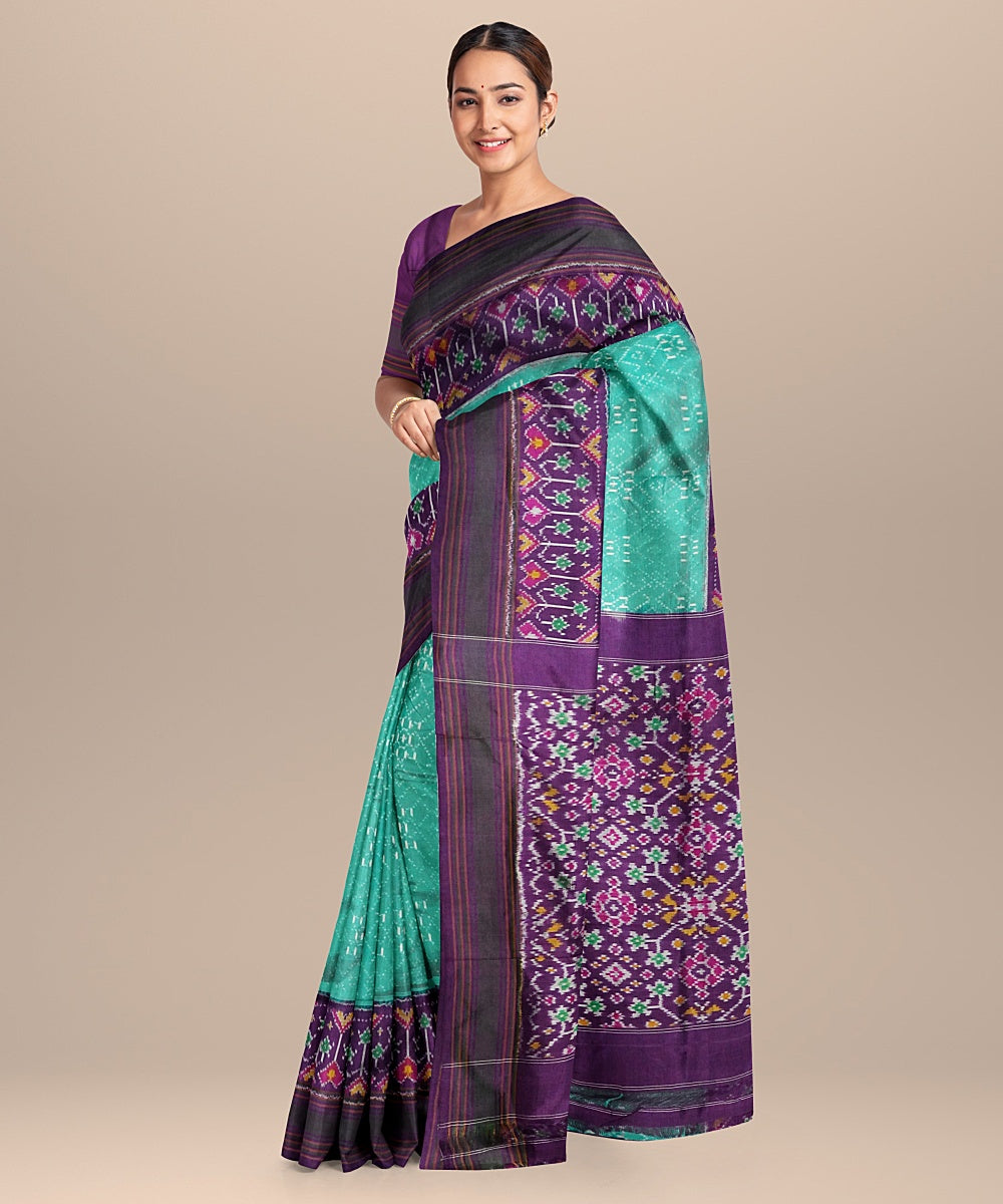 Seagreen purple handwoven pochampally ikat silk saree